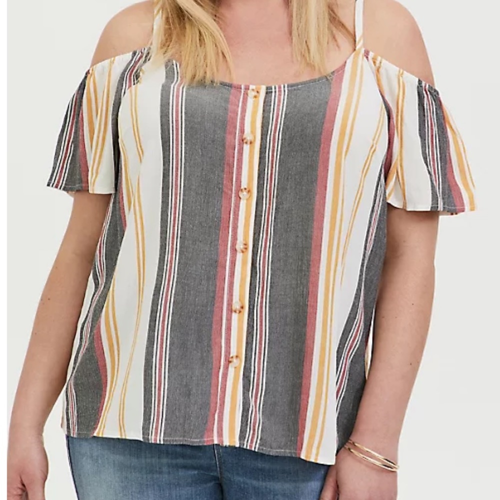 MULTI STRIPE TEXTURED BUTTON FRONT COLD SHOULDERTOP